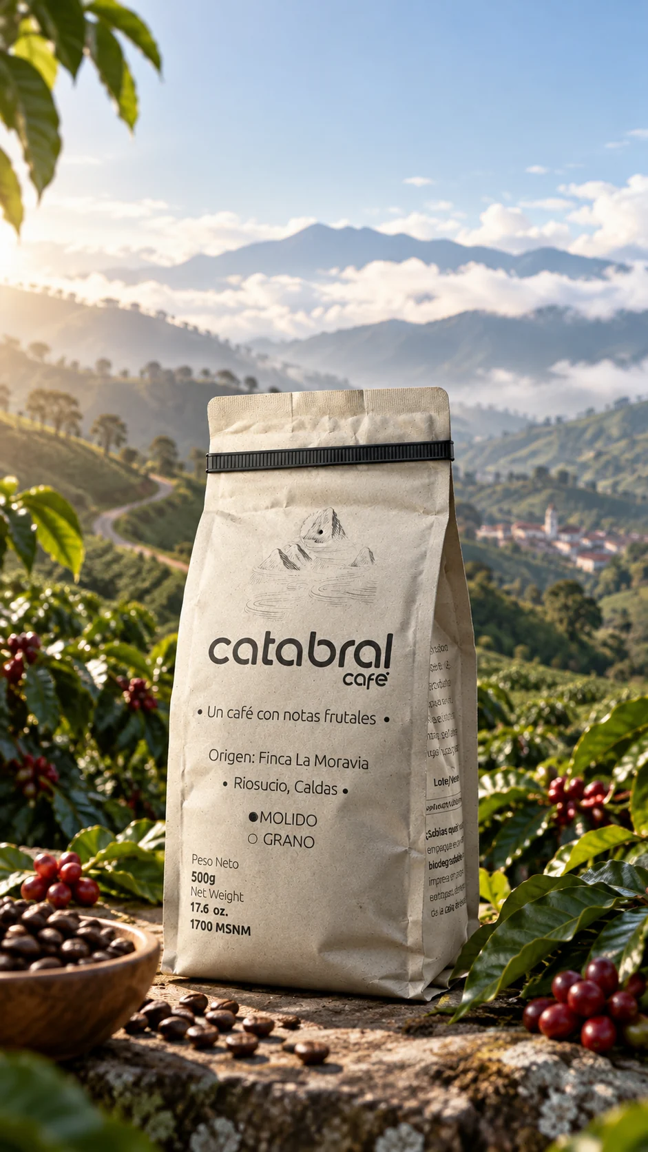 Catabral Café frente a las montañas cafeteras